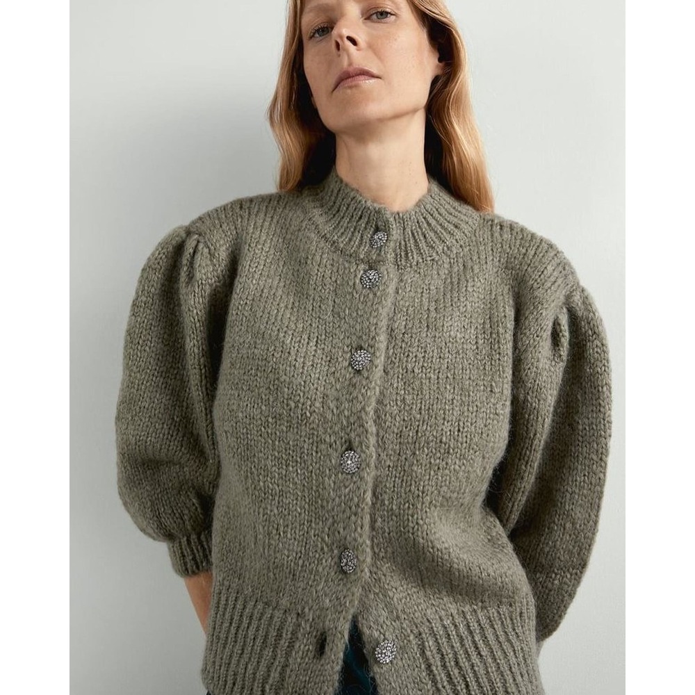 Zara Knit‎ Cardigan Women's Small Green Embellished Button Sweater Puff Sleeve